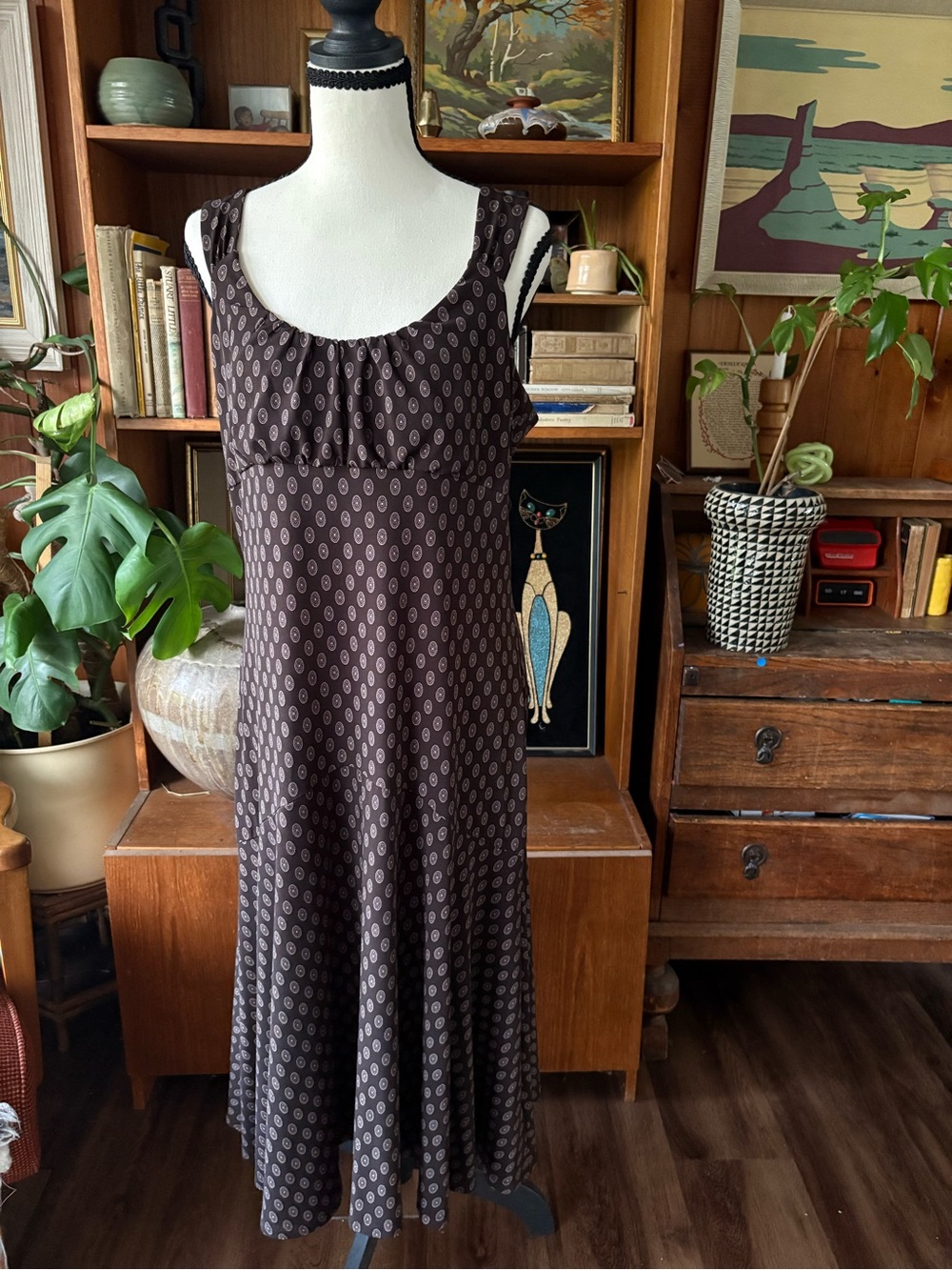 Whimsigoth Vintage Y2K Michael Kors Brown Medallion Print Ruched Midi Dress L